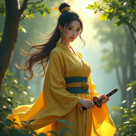 samurai girl,a realism image of a woman with big breast,a woman in pastel yellow kimono dress holding a sword in a forest, by Yang J, chengwei pan on artstation, 2. 5 d cgi  fantasy artwork, 4k fantasy art, ross tran 8 k, fanart best artstation, alena aena...