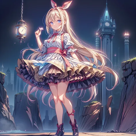 (Tabletop, Highest quality、Very detailed、Very detailedな目), (perfect athletic body:1.2), (Thin Hair), Very detailed, Anime Style, whole body, alone, Fantasy Blonde Hair, Blue Eyed Girl, Apron dress like Alice in Wonderland, Playing cards with your hands, Re...