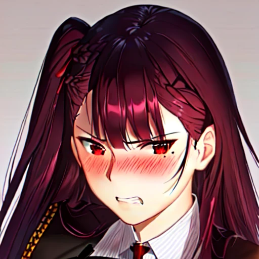 young, Just looking at the viewer, (realistic:1.4), (WA2K:1.0), red eyes, shirt, jacket, red tie, (burgundy hair color), Braid, slightly angry (one side up:1.2), (hair band), (blush, ashamed), (detailed, ultra-detailed, high detailed, ultra realistic 8k CG...