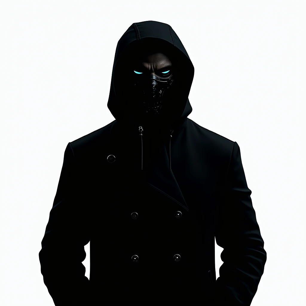 male character, hooded, cyberpuk, blue neon, mask, dark