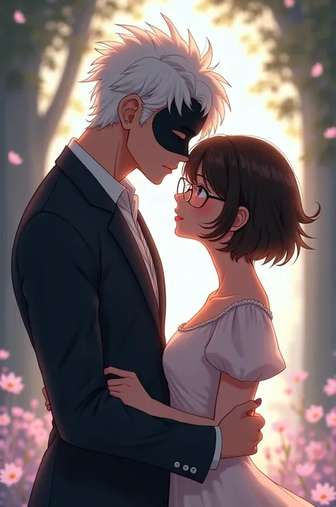 Anime couple of brunette girl, small, with glasses and short hair with a tall boy, with muscles, White hair, closed eyes and black mask
