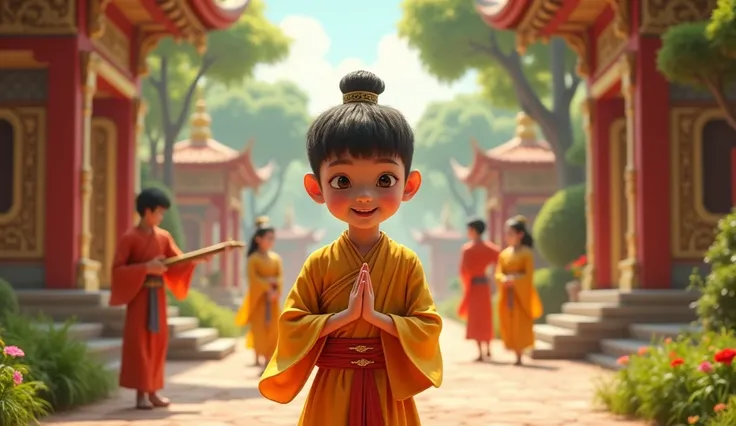 Siddhartha gautama’s lavish palace life, with gardens, dancing, and music. Siddhartha, as a young boy, is seen playing happily.