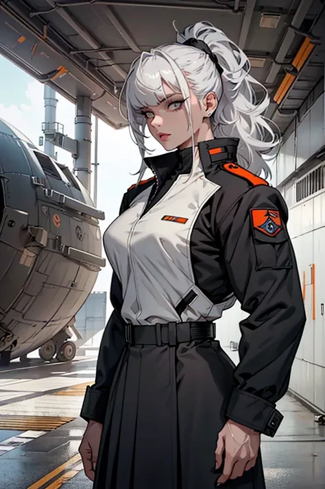 (Muscular woman), (pale skin) white hair, bangs, hair tied up, dark eyes, dark make up (detailed eyes), (detailed lips), grey military uniform with orange accents, long skirt, uniform, Military uniform, futuristic uniform, sci fi, solo (best quality), stan...