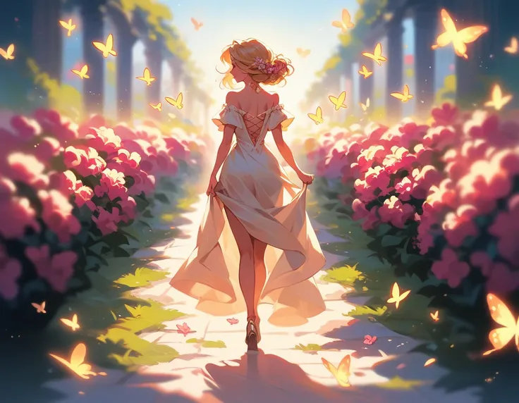 A woman walking through a beautiful meadow filled with heart-shaped flowers in vibrant colors. She bends down to gently pick one, her expression calm and peaceful. The sun shines brightly overhead, casting a golden glow over the scene, with butterflies flu...