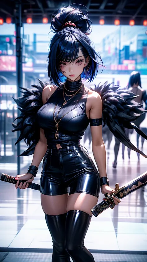 female　Childish feeling　Navy Blue　Bob Hair　Super cute　Red Eyes　Two Japanese swords　Fight　Black Costume　Shorts　whole body　Big Breasts　Edo period