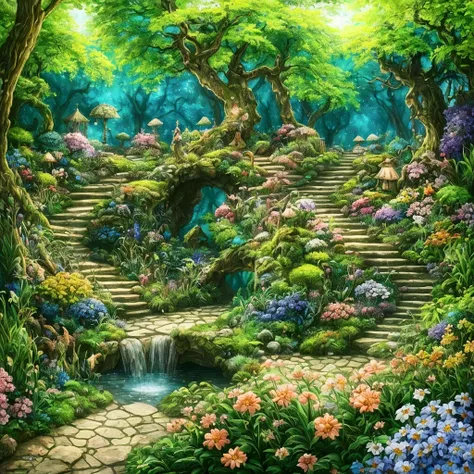 a painting of a garden with many different flowers and trees, lush fairy forest, magic forest, magical forest, fairy kingdom forest, psychedelic forest, whimsical forest, enchanted and magic forest, fairy forest, fairytale forest, magic fairy forest, encha...