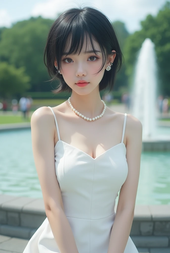 (8k, Photorealistic, Original photo, Highest quality: 1.4),Japanese idol-style beautiful girl,1,1 person,(Short Wolf Cut),(Black Hair),She has her hair tucked behind her ears,Clear grey eyes,Long eyelashes,(piercings(pearl)),(Lip gloss),lips(Plump,glossy),...