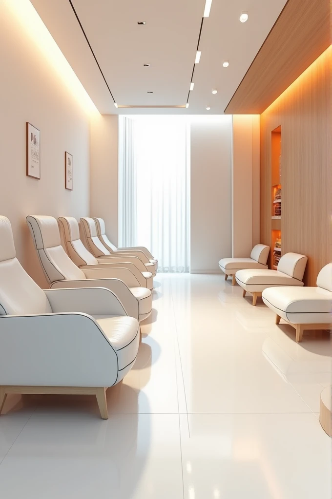 Professional 3d architecture rendering design of modern and minimal and high tech and Japanese design for the manicure and pedicure room with white orange and shiny white leather chairs 