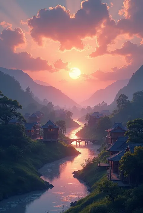 A picture.The sunrise is appeared a little from the a part of cloud of sky.The sun ligh is dim.Below the sky, have a village with stream.Write the words`မင်္ဂလာ နံနက်ခင်းပါ´ between the sky and the village.
Photo is ultra realistic,ultra quality and high r...