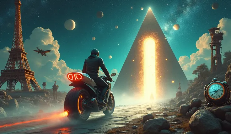 A man on a motorcycle rides along the road that is in a celestial constellation to pass through a door that opens onto our world. Il y a aussi des mécanismes et horlogerie,et devant la porte une pyramide, la tour Eiffel et la Joconde qui indique la directi...