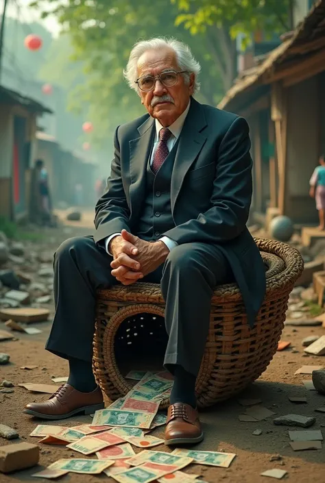 Henry Kissinger sitting on a basket, the bottom of the basket is broken and there is a big hole on the bottom of the basket, from the broken basket Bangladeshi currency taka is coming out, the currency image should be taka the currency of Bangladesh,hyper ...