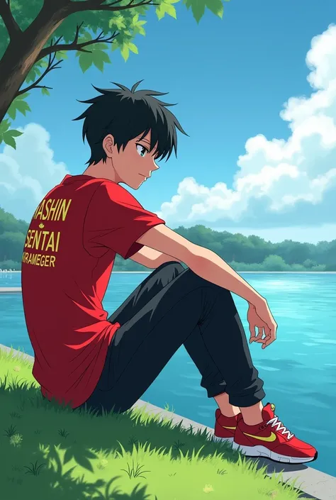 1 Japanese man,Age 18,Short black hair,Red short-sleeved shirt with the words Mashin Sentai Kirameiger written on it.,Black long pants,Red sneakers,energy,Sitting and looking at the water,location,lawn,Waterfront,Cool anime