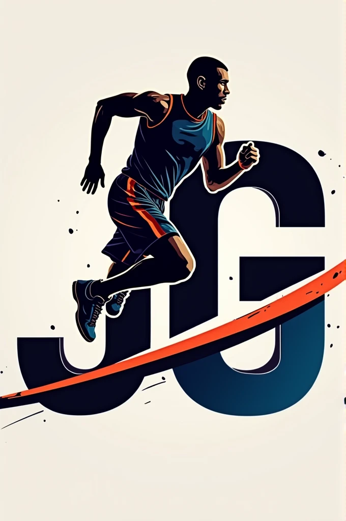 Create a dynamic logo design featuring the initials "JG" with a sports theme. The logo should incorporate a bold and modern font for "JG," with the silhouette of an athlete, such as a runner or basketball player, positioned over or integrated into the lett...