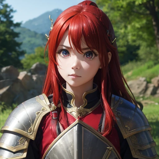 Wide eyes、armor、Red hair clip、sword