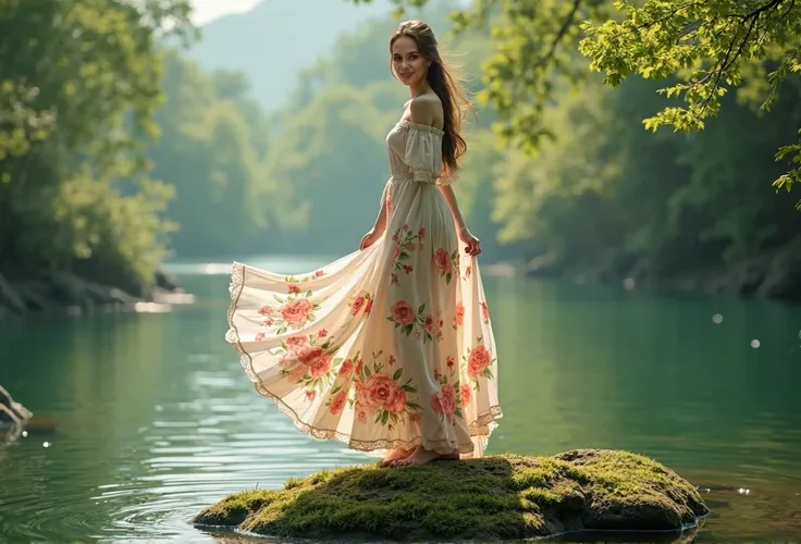 A woman in a floral dress standing on a rock near a body of water.