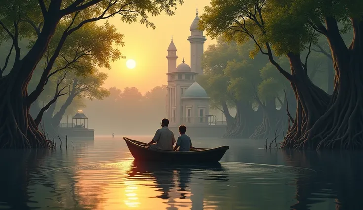 The Muslim child and his father were paddling their boat past the back of the tiny mosque which was on the canal. There were mangrove trees. At night