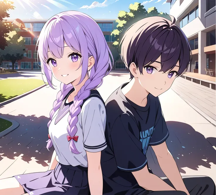 a boy and (a girl with purple and white gradient double braids) sitting side by side, youthful, campus background, sunlight streaming down, fresh and natural, sweet smiles, beautifully detailed, rich in details, high quality depiction, ultra-detailed, vivi...