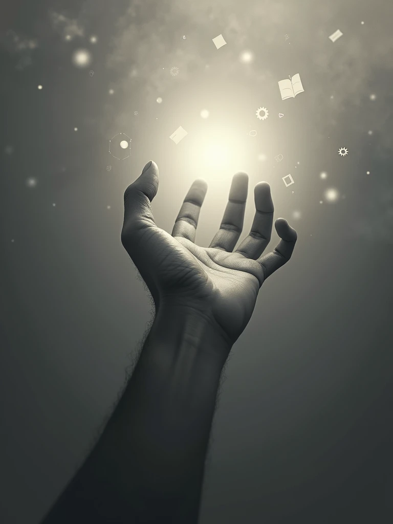 An image of a hand reaching towards a distant light, monochrome, with a subtle overlay of educational symbols like books, code snippets, and gears in the background, signifying the ambition to inspire and educate.