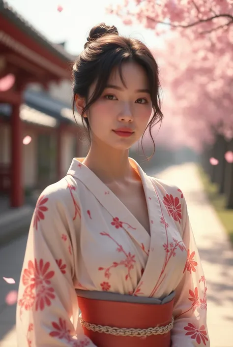 Morning in Japan、Looks just like Kojima Haruna、sexy、cool、Romantic、Off-white floral print kimono、silk、A diligent smile、From the waist up、Beautiful smile、Ample breasts、Overflowing Chest、Busty、My nipples are erect、V-line chest、Realistic 、In 8K resolution、Trad...