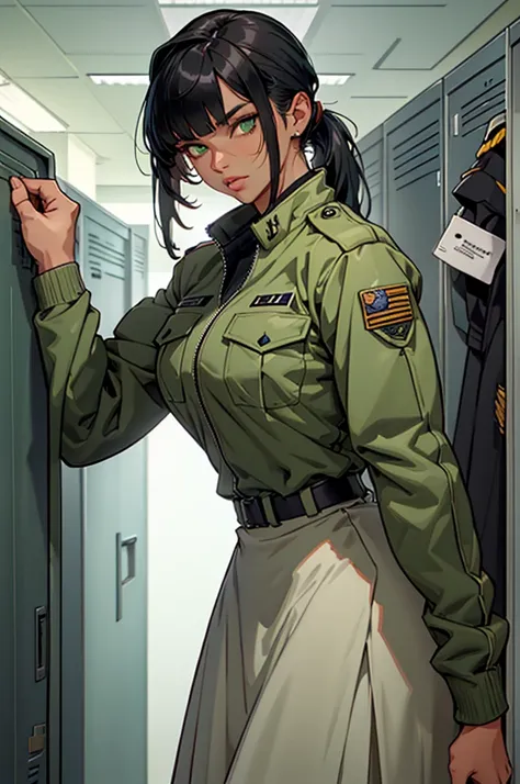 (Muscular) woman, straight black hair, bangs, low ponytail, (tanned) (green eyes only) (beautiful detailed eyes), (detailed lips), white and grey military uniform with green accents, long skirt, military jacket, curvy, sci fi, solo (best quality), locker r...