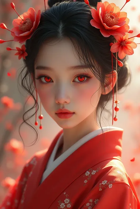 A beautiful, detailed portrait of a young girl in a red kimono, with striking red eyes and exquisite facial features. The girl is shown in a serene, natural setting, surrounded by delicate flowers and petals. The artwork has a stunning, photorealistic qual...