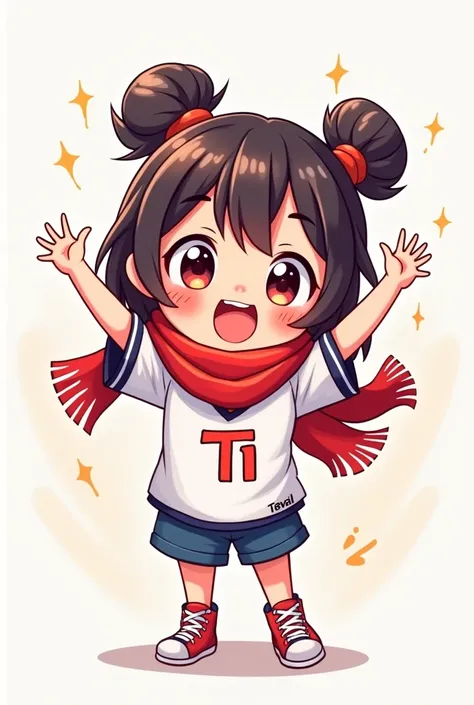 Chibi drawing of a girl cheering for T1 (A League of Legends E-sport team) cutely. She is wearing their newly released white jersey and scarf.