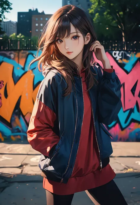 

realistic, high quality, sharp focus, analog photograph of a girl, (pose), in a New York City Park, graffiti, detailed background, cinematic lighting
