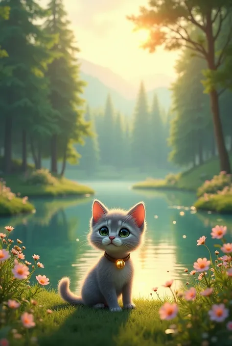 (A small gray kitten with sparkling fur and big green eyes sits happily outside a cozy cottage in a magical forest. Sunlight filters through the trees, and Momo’s tiny bell collar glows softly.
)arriving at the magical lake: The scene shows Momo standing i...