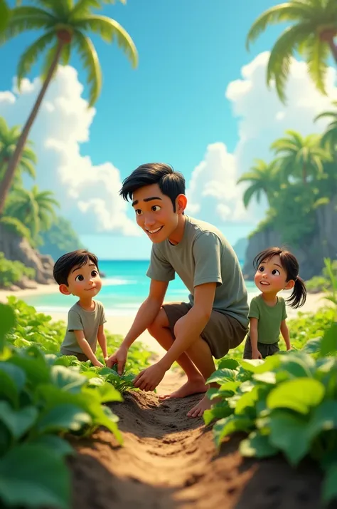 Create an image in the style of a 3D Disney Pixar cartoon: the scene is set on a deserted island. In the center of the frame is a Vietnamese man about 30 years old, tall and well-built, with short black hair parted 6:4 to the left, black eyes, a bit of stu...