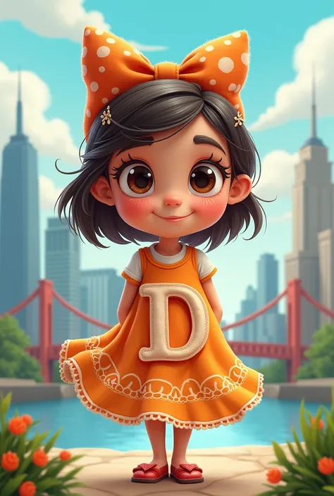 Cute girl in D letter printed dress 
with city background  cartoon  image 