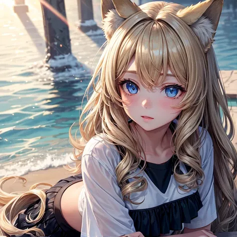 masterpiece, Best Quality, Wolf Girl, elegant, One girl, Wolf Ears, Wolf Tail, cute, Blushed, View your viewers, From above, Blonde Wavy Hair, mini skirt, black and white striped t-shirt, blue eyes, beautiful eyes, Beautiful background, Particles of light,...