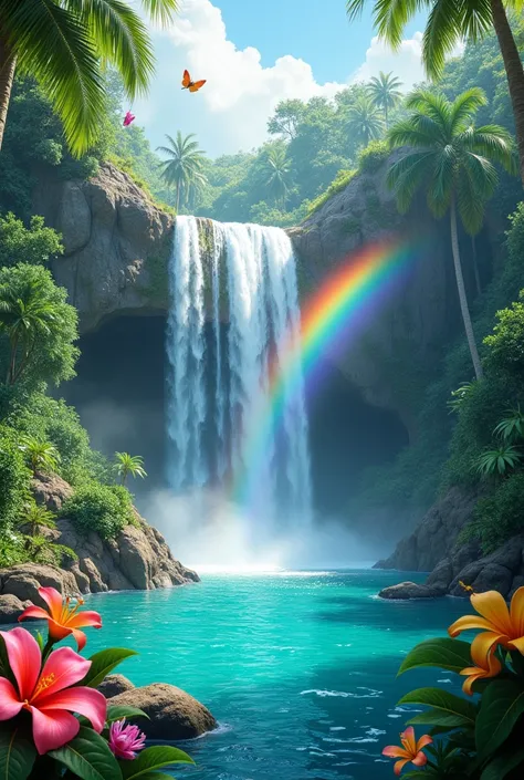 Generate a stunning nature scene with a cascading waterfall flowing into a crystal-clear turquoise pool. Surround the waterfall with lush tropical foliage and colorful exotic flowers. Include a rainbow arcing over the waterfall and a few butterflies flutte...