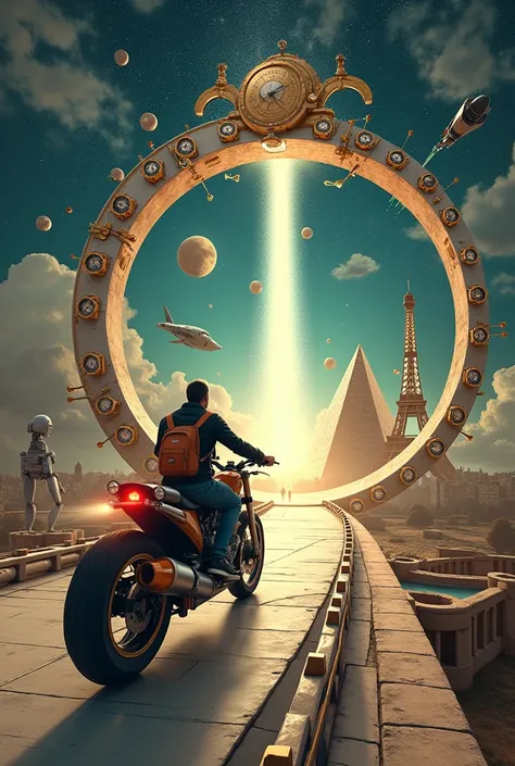 A man on a motorcycle rides along the road that is in a celestial constellation to pass through a door that opens onto our world. Il y a aussi des mécanismes et horlogerie,et devant la porte une pyramide, la tour Eiffel et la Joconde qui indique la directi...