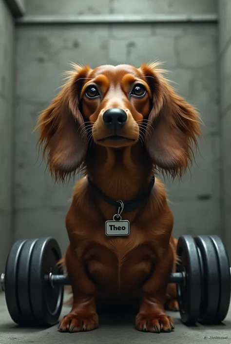 Generate an image for me where there is a dark brown long-haired miniature dachshund in a jail lifting weights and I emphasize that it is dark brown and long-haired and that it has a tag that says Theo on its neck. 