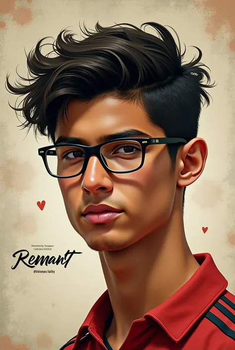 Look like Son of ronaldo with black hair, written (HEMANT) in background, boy son, india, realistic, SQUARE SHAPE GLASSES 