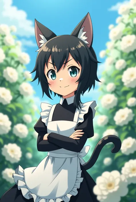 male, , black hair, mullet hair style, light blue eyes, cat ears, cat tail, wearing a maid outfit, in a white chrysanthemum garden, arms crossed, blushing, stubborn, style art ghibili, /30 step/