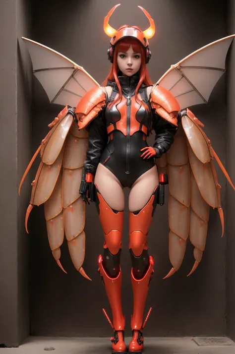 A beautiful & attractive very young girl wearing a cyberpunk armory designed like a lobster, wearing a cyberpunk designed lobster helmet, with gaint illuminating wings, with lobsters claws & tails, full body viewing details, camel toe, ruby hair, with illu...