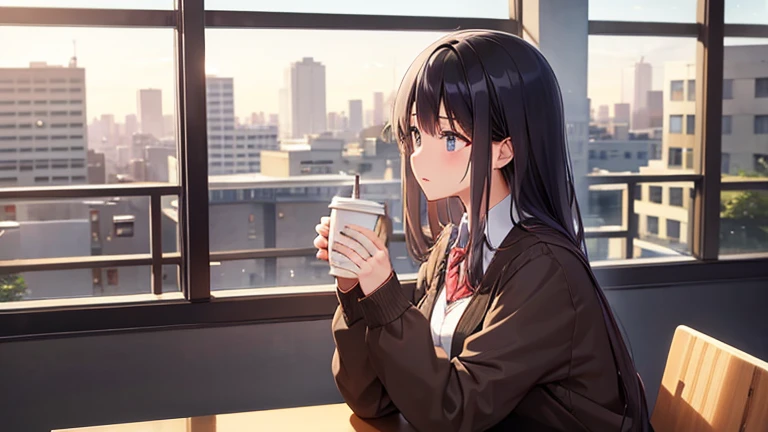 A female college student wearing a cardigan、Scene of people enjoying coffee in urban cafe。City buildings spread out in the background、A composition depicting a relaxing holiday moment。