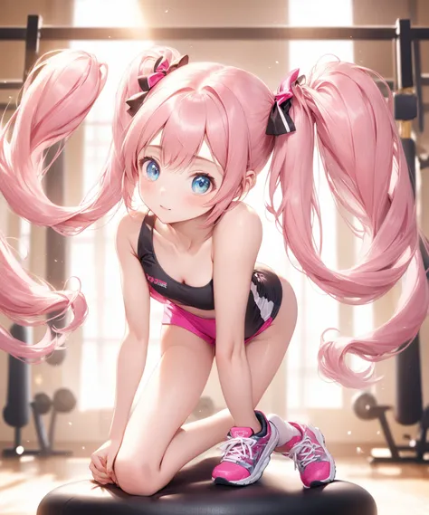 (Highest quality,8k,32K,masterpiece,Ultra-high resolution :1.2 ),born,One girl,Super cute,Natural light,Clear, shining eyes,20-year-old,Fair skin,A fantasy background of a digital gym,Pink Hair,Twin tails