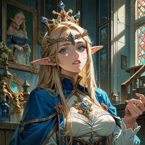 ((Best Quality)), ((masterpiece)), (detailed), （Perfect Face）、The woman was Seras Ashlain, a blonde elf wearing a queen&#39;s wedding dress.、In a luxurious church wedding hall, a woman and an elderly man, the king, embrace and kiss each other in a wedding ...