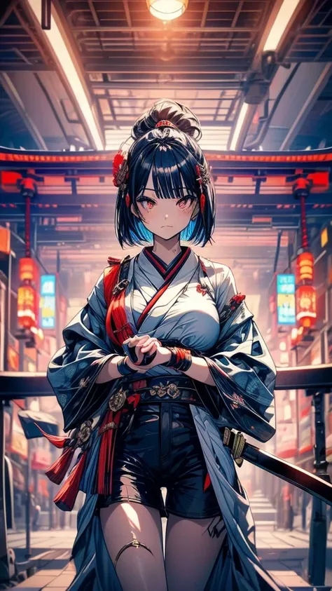 female　Childish feeling　Navy blue bob hair　Super cute　Red Eyes　Two Japanese swords　Fight　Black Costume　Shorts　whole body　Big Breasts　Edo period