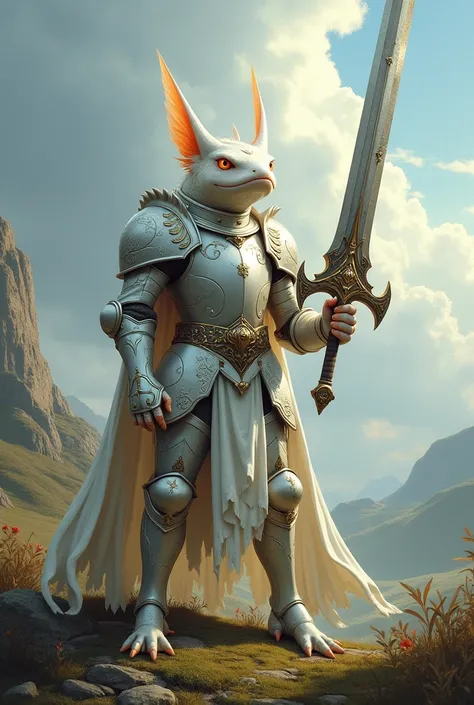 white axtolotl knight holding big sword with full armor