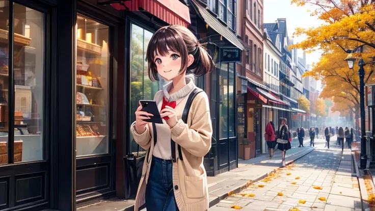 A female college student wearing a cardigan walking through the city streets in autumn。Fallen leaves are falling all around.、The scene shows her enjoying her day off, walking and smiling while looking at her smartphone.。