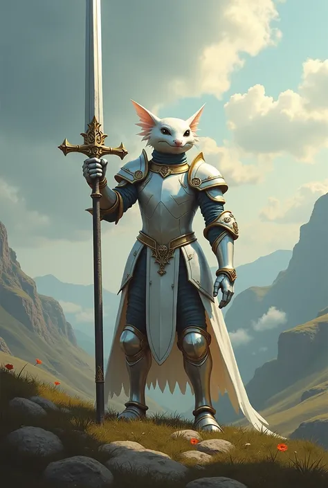 white axtolotl knight holding big sword with full armor