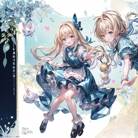 (Official Art、Highest quality、Unity 8k wallpaper、32K、masterpiece、Ultra-detailed、Ultra-high resolution)、Fantastic、((Alice in Wonderland))、Blonde、Tie your hair with a ribbon、Blue colored eyes、Blue Apron Dress、White socks、Trump、usagi、Pocket watch、Rabbit in a ...