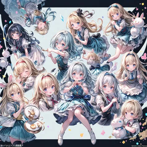 (Official Art、Highest quality、Unity 8k wallpaper、32K、masterpiece、Ultra-detailed、Ultra-high resolution)、Fantastic、((Alice in Wonderland))、Blonde、Tie your hair with a ribbon、Blue colored eyes、Blue Apron Dress、White socks、Trump、usagi、Pocket watch、Rabbit in a ...