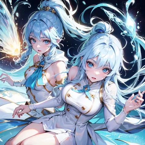 anime 2.5D,Big-breasted, beautiful-figured adults,princess,Ice Magic,In the Ice Land,Long blue hair,White skin,Wearing white clothes