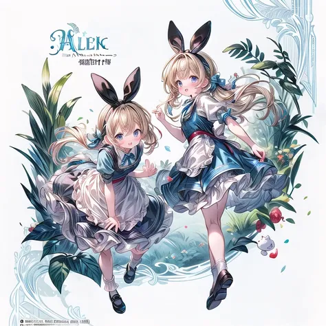 (Official Art、Highest quality、Unity 8k wallpaper、32K、masterpiece、Ultra-detailed、Ultra-high resolution)、Fantastic、((Alice in Wonderland))、Blonde、Tie your hair with a ribbon、Blue colored eyes、Blue Apron Dress、White socks、Trump、usagi、Pocket watch、Rabbit in a ...