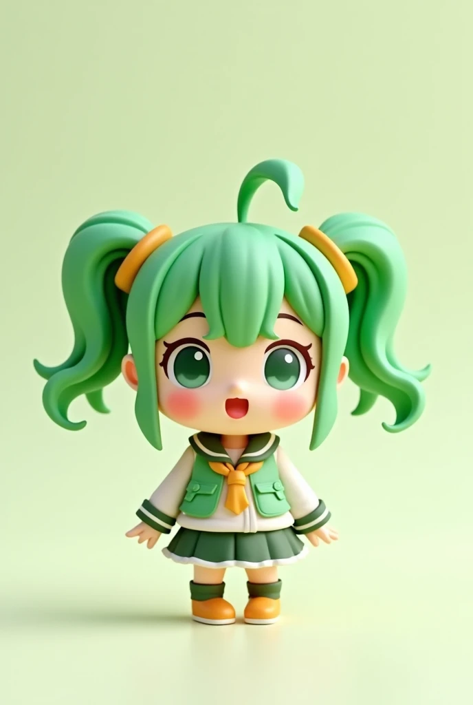 Kawaii, Nendoroid, 3D, full body shot, 1girl, green hair, twin tails, 