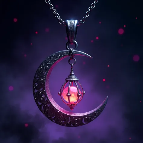  This is an enchanting crescent moon necklace, featuring a glowing, luminescent design. The crescent moon pendant is large and dominates the design, curving gracefully with a delicate filigree pattern that adds intricate detail to its surface. The crescent...